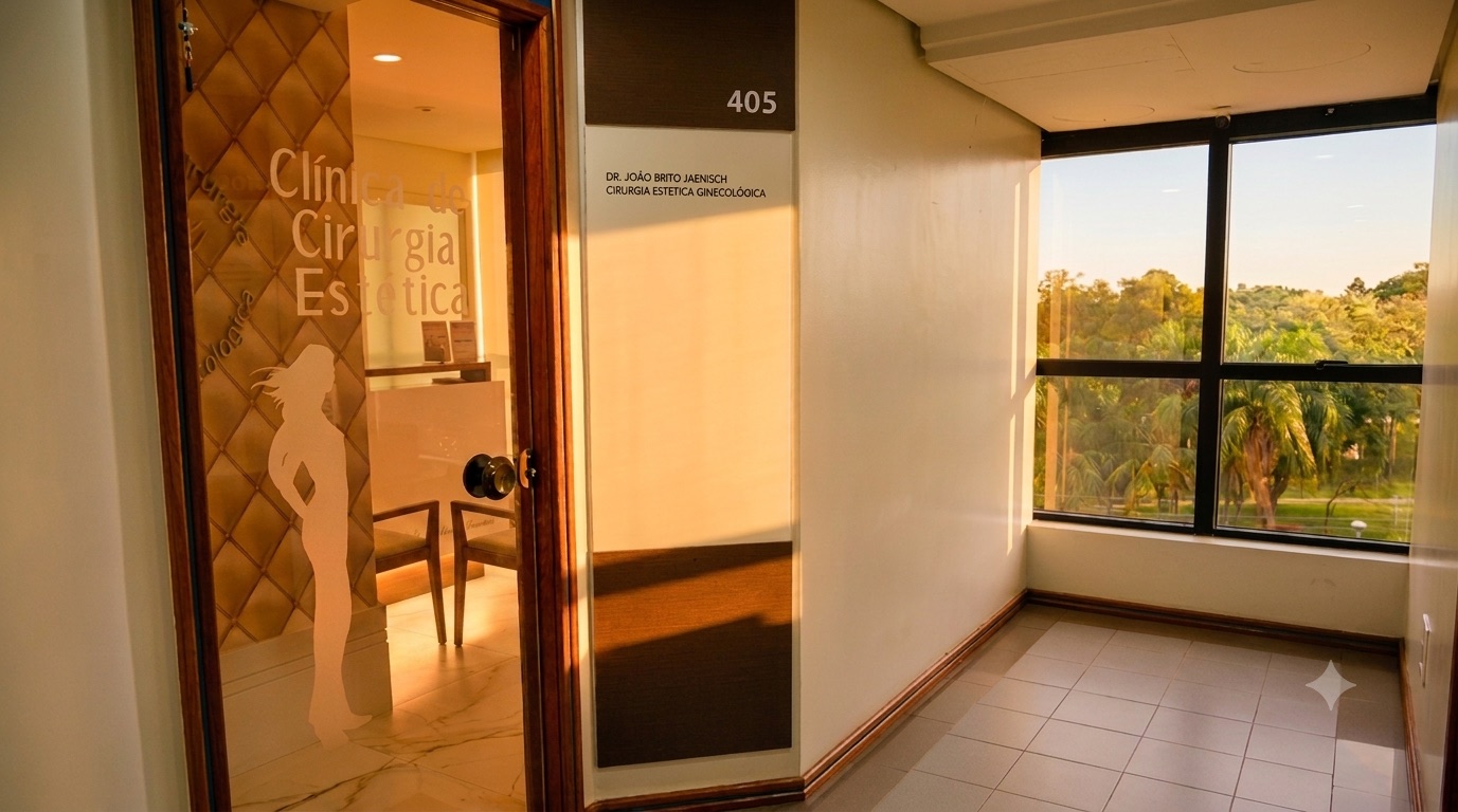 Entrada do Centro Íntimo da Mulher, com a etiqueta em vidro 'Clínica de Cirurgia Estética'
